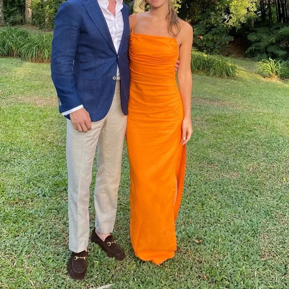 Ronny Kobo Clark Linen Blend Open Back Maxi Dress Ruched Bodycon Orange Size S - Picture 7 of 15